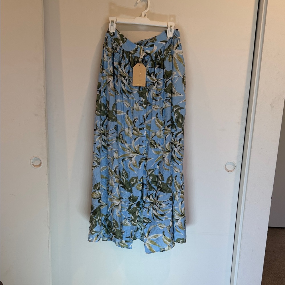 Light Blue Floral Maxi Skirt with Green Leaf Print